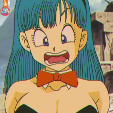 animated, big breasts, bouncing breasts, bowtie, breasts, bulma briefs, bunny ears, bunny girl, bunnysuit, dragon ball, foxybulma, nipples, tearing clothes