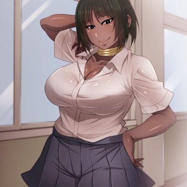 arm behind head, breasts, busty, dark skin, dark-skinned female, exotic pupils, female, female only, hand on hip, korotsuke, school uniform, solo, solo female, tan skin, thick thighs