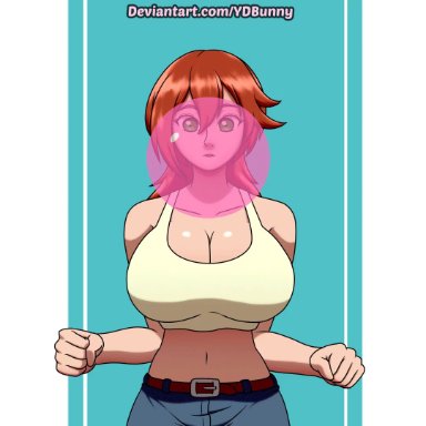 1girls, animated, breast expansion, bubblegum, female, female only, green eyes, huge breasts, human, solo, solo female, tank top, tight clothing, ydbunny