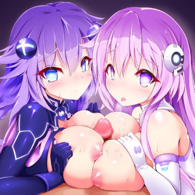 2girls, blue eyes, blush, braid, breasts, censored, elbow gloves, gloves, hair ornament, highres, large breasts, leqz5945, long hair, looking at viewer, multiple girls