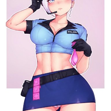 bluefield, cleavage, condom, condom balloon, condom packet strip, cosplay, gloves, midriff, miniskirt, police uniform, rwby, short skirt, skirt, thick thighs, thigh gap