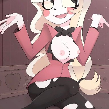 charlie (hazbin hotel), exposed breasts, hazbin hotel, ripped pants, shrug