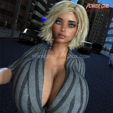 3d, animated, big breasts, bimbo, blonde hair, bursting breasts, huge breasts, looking at viewer, power girl, prizm1616, solo