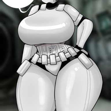 black and white, curvy body, guardian, huge ass, huge breasts, mask, soldier, star wars, stormtrooper, suit, text, thighs, tight suit, white skin
