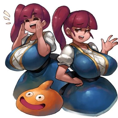 bangs, dragon quest, dress, huge breasts, lulu (dragon quest), red hair, side ponytail, slime, smug, zako (arvinry)
