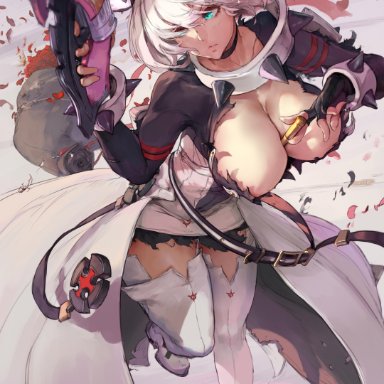 1girls, artist name, between breasts, black choker, blue eyes, boots, breasts, choker, cleavage, cleavage reach, clover, collar, cutesexyrobutts, elphelt valentine, female