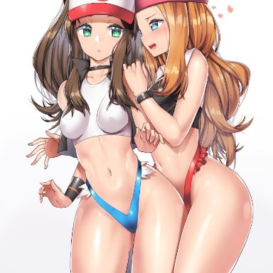 2girls, abs, alternate breast size, alternate outfit, ass, bare shoulders, belly, big ass, big breasts, blonde hair, blue eyes, blush, bracelet, breasts, brown hair