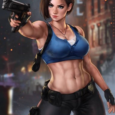 abs, big breasts, blue eyes, brown hair, capcom, dandon fuga, female, female only, gloves, gun, jill valentine, necklace, resident evil, resident evil 3, resident evil 3 remake