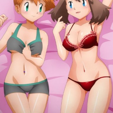 2girls, abs, alternate breast size, alternate outfit, bed, belly, blue eyes, blush, bra, brown hair, clothed, eye contact, female, female only, green eyes