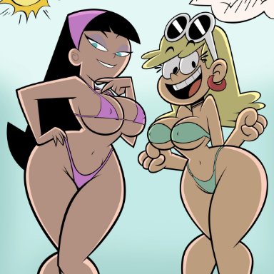 ass, beach, big ass, big breasts, bikini, breasts, crossover, fairly oddparents, grimphantom, hand on hip, leni loud, looking at viewer, nickelodeon, sexy, smile