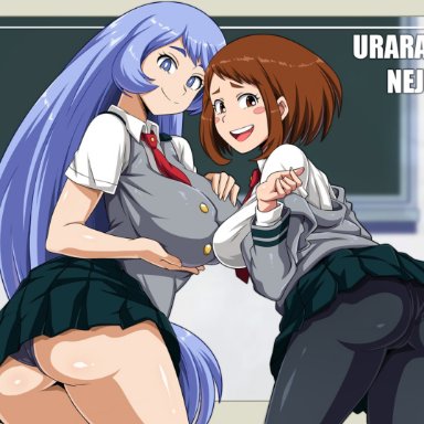 2girls, ass, blue eyes, blue hair, breast press, brown eyes, brown hair, hadou nejire, large breasts, long hair, looking at viewer, looking back, my hero academia, ochako uraraka, panties