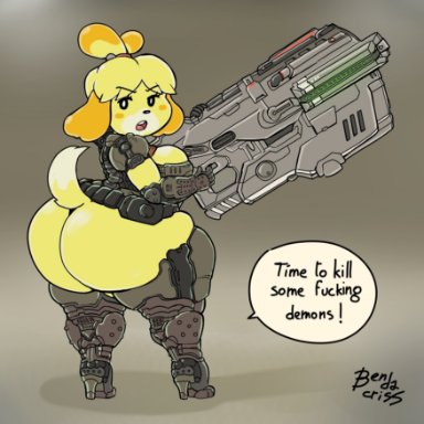 1girls, animal crossing, armor heels, armored boots, bendacriss, bfg 9000, big breasts, bottomless, color, dat ass, doom, doom eternal, fat ass, from behind, gun