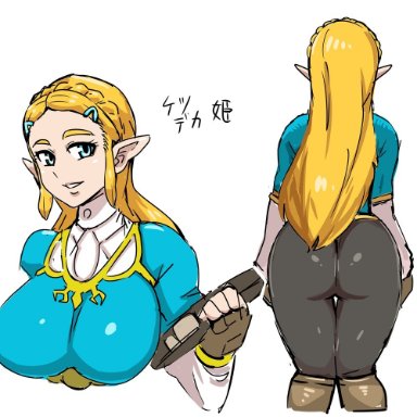 blonde hair, blue eyes, dat ass, elf, elf ears, female, from behind, hair ornament, huge ass, huge breasts, japanese text, kandenki, long hair, pants, princess zelda