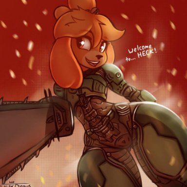 animal crossing, animal crossing new leaf, armor, big legs, chainsaw, doom, doomguy, doomslayer, english text, furry ears, isabelle (animal crossing), small waist, thick thighs, wide hips, wizardlywalrusking