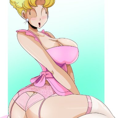 apron, big ass, big breasts, blonde hair, closed eyes, dragon ball, ear, female, female only, gmilf, housewife, mature female, milf, panchy briefs, smile