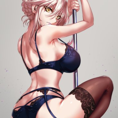 artoria pendragon (all), artoria pendragon (alter), bra, fate (series), heels, panties, pole, pole dancing, sakiyamama, skimpy outfit, thighhighs