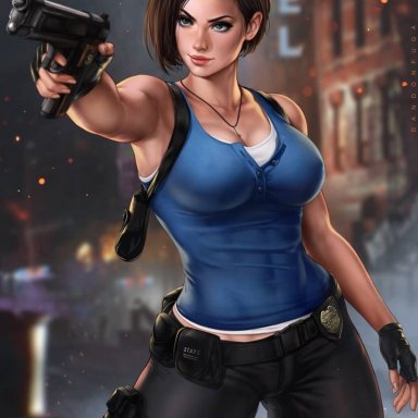 1girls, bare shoulders, belt, black gloves, blue eyes, breasts, clavicle, dandon fuga, female, finger on trigger, fingerless gloves, gloves, gun, handgun, jewelry