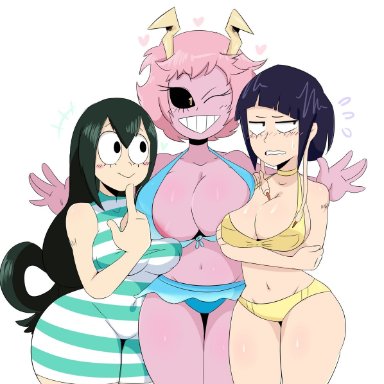 3girls, big ass, big breasts, bimbo, breasts, busty, cleavage, jinu, kyoka jiro, mina ashido, my hero academia, swimsuit, thick thighs, tsuyu asui, voluptuous