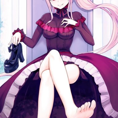 barefoot, blush, crossed legs, fang, feet, foot fetish, gothic lolita, overlord (maruyama), ponytail, red eyes, shalltear bloodfallen, soles, toes, vampire, white hair