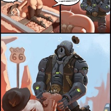 ashe (overwatch), bob (overwatch), boobhat, cliffhanger, desert, detailed background, disaster inbound, english text, highres, instant loss 2koma, railway, rape, robot, route 66, tied up