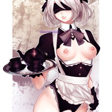 blindfold, crotchless clothes, crotchless leotard, exposed breasts, exposed pussy, grapesliime, maid, maid headdress, nier: automata, short hair, source request, tagme, tea tray, teacup, teapot