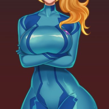 1girls, big breasts, blonde hair, bodysuit, breasts, cleavage, female, female only, hizzacked, large breasts, metroid, samus aran, solo, thick thighs, wide hips