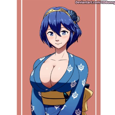 alternate hairstyle, blue eyes, blue hair, breasts, cleavage, female, fire emblem, fire emblem: awakening, flower, huge breasts, japanese clothes, kimono, looking at viewer, lucina, nintendo