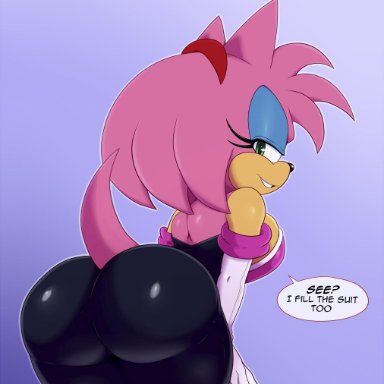 2020, amy rose, anthro, ass, bangs, big breasts, boots, breasts, clothed, cosplay, eyeshadow, female, female only, from behind, gloves