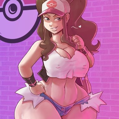 1girls, abs, alternate breast size, baseball cap, belly, big breasts, blue eyes, bracelet, bracelets, breasts, brown hair, carmessi, cleavage, daisy dukes, edit