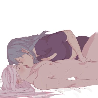 2girls, absurdres, blue hair, blush, byleth (fire emblem), byleth (fire emblem) (female), ear piercing, edelgard (fire emblem), edelgard von hresvelgr (fire emblem), eyebrows visible through hair, fire emblem, fire emblem: three houses, highres, kissing, long hair