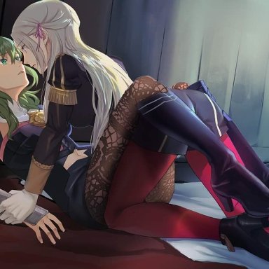 2girls, bed, byleth (female), byleth (fire emblem) (female), edelbeth, edelgard (fire emblem), edelgard von hresvelgr (fire emblem), face to face, fire emblem, fire emblem: three houses, green hair, heel boots, red legwear, white gloves, white hair