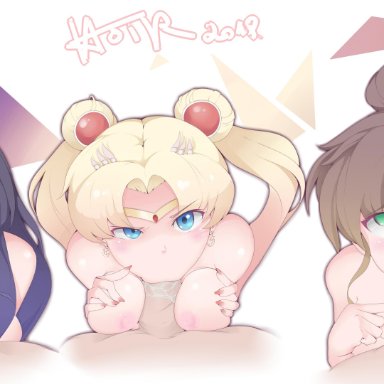 5boys, 5girls, absurdres, aino minako, aqua hair, aqua nails, bangs, bishoujo senshi sailor moon, black hair, blonde hair, blue eyes, bow, breasts, brown hair, cleavage