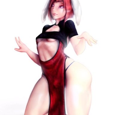 1boy, 1futa, anthro, black underwear, breasts, bulge, bunny, bunny boy, bunny ears, cheongsam, chinese, chinese clothes, clothed, clothing, crossdressing