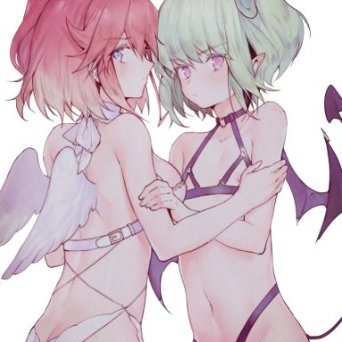 1boy, 1girls, absurdres, aina ardebit, angel, angel wings, ass, belt, blonde hair, blush, breasts, butt crack, choker, demon, demon wings