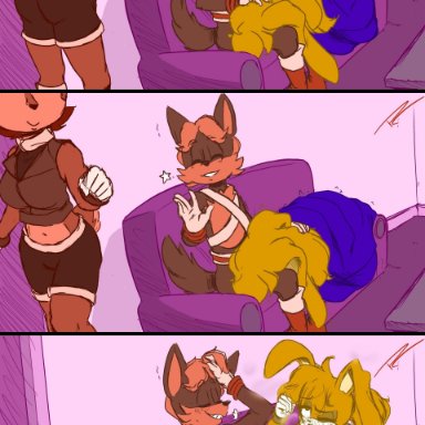 2019, anthro, antoine d'coolette, archie comics, bedding, blanket, bodily fluids, boots, bottomwear, breasts, bunnie rabbot, canid, canine, canis, chipmunk