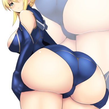 artoria pendragon (all), artoria pendragon (lancer), big ass, big breasts, blonde hair, blue eyes, braided bun, clothed female, embarrassed, fate (series), fate/grand order, female, female only, gloves, hihumi123