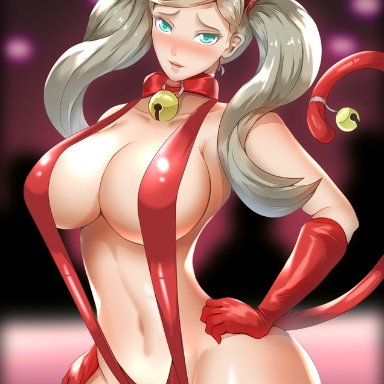 ann takamaki, atlus, bell, big breasts, blonde hair, blue eyes, cat costume, cat ears, cat tail, catgirl, female, female only, gloves, haryu (artist), persona