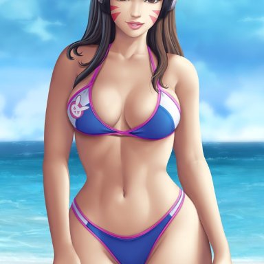 1girls, big breasts, bikini, breasts, cleavage, d.va, female, female only, flowerxl, large breasts, looking at viewer, multicoloured thong, overwatch, solo, thong