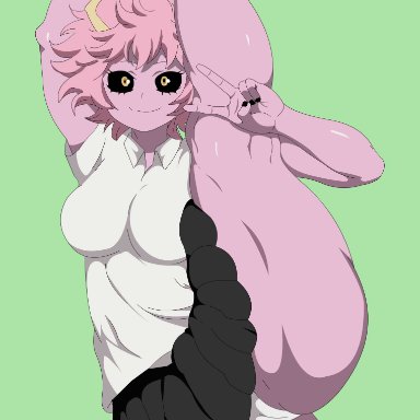 barefoot, black eyes, feet, holding feet, large breasts, leg above head, legs, looking at viewer, messy hair, mina ashido, my hero academia, painted nails, panties, pink skin, schoolgirl outfit