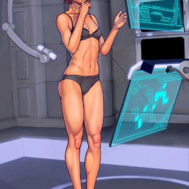 1girls, bare shoulders, barefoot, black bra, black eyes, black panties, boobsgames, breasts, brown hair, cybernetics, cyborg, detailed background, female, female only, front view