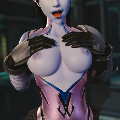 3d, areolae, batyastudio, blender, breasts, female, female only, looking at viewer, nipples, open mouth, overwatch, pussy, solo, tongue, tongue out
