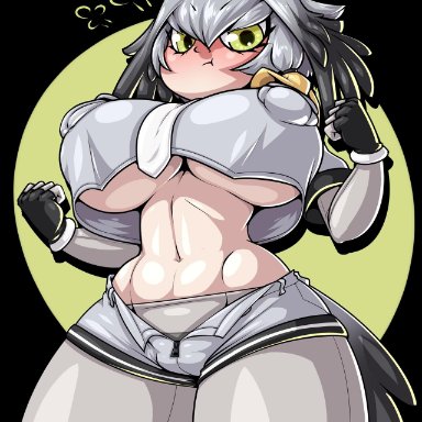 abs, breasts, cleavage, female, female only, huge breasts, kemono friends, limebreaker, looking at viewer, muscular female, shoebill (kemono friends), solo, thick thighs, underboob