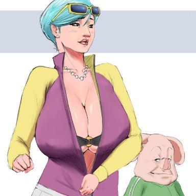 1girls, blue eyes, bra, breasts, bulma briefs, busty, cleavage, curvy, dragon ball, dragon ball super, erect nipples, gigantic breasts, milf, oolong, puffy nipples