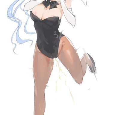 ahoge, animal ears, areolae, artist request, asphyxiation, bare shoulders, blue hair, blush, bondage, breasts, bunny ears, clothing, cypherone, dying, female