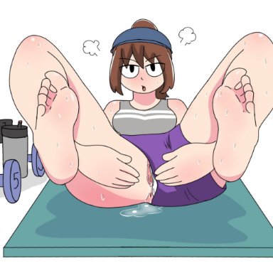 black eyes, brown hair, feet, purple shorts, shgurr, shorts, sweat