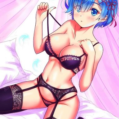 1girls, blue eyes, blue hair, blush, breasts, female, garter belt, garter straps, hair ornament, hairclip, hips, large breasts, lingerie, maid headdress, navel