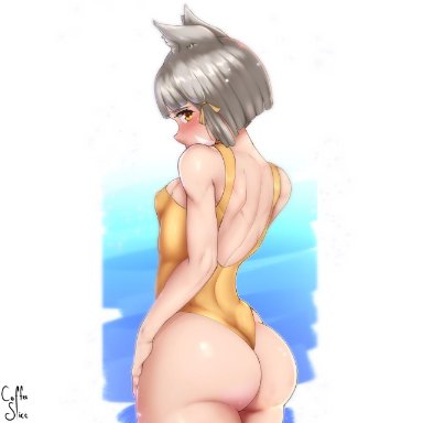 animal ears, artist name, ass, back, bare arms, bare back, bare shoulders, blush, breasts, cat ears, coffeeslice, curvy, embarrassed, female, from behind