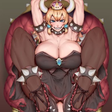 blonde hair, blue eyes, bowsette, breasts, female, female only, hiki togu, huge breasts, muscles, muscular, muscular female, nintendo, pantyhose, solo, spread legs