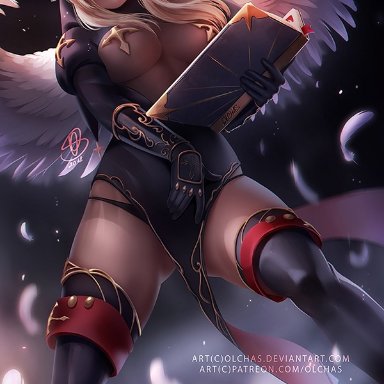 big breasts, blonde hair, breasts, cleavage, female, female only, large breasts, looking at viewer, mercy, olchas, overwatch, solo, thighhighs, wings