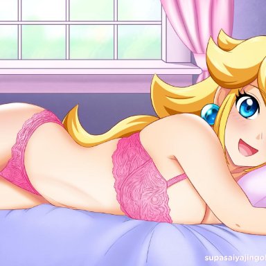 :d, 1girls, absurdres, alternate costume, ass, bare legs, bare shoulders, bed, bed sheet, bedroom, blonde hair, blue eyes, blush, bra, breast press